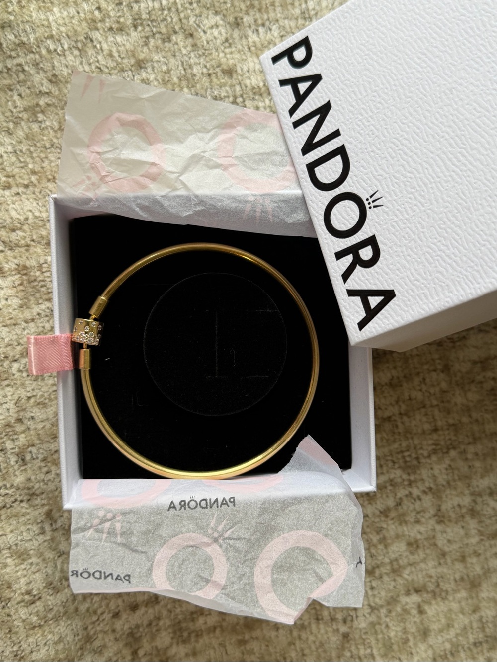 Pandora Gold Tone Bangle Bracelet with Pave Clasp and Pink Ribbon Accent - Gold